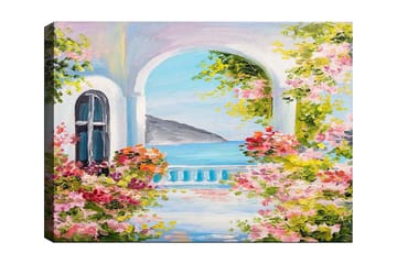 Canvastavla 70x100 cm - Vacker utsikt genom en båge med blommor i förgrunden och havet i bakgrunden - Rosa / Blå / Grön - Inredning - Tavlor & posters - Canvastavla