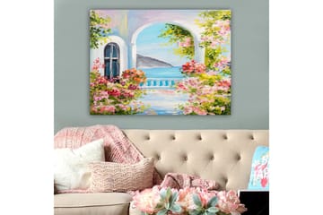 Canvastavla 70x100 cm - Vacker utsikt genom en båge med blommor i förgrunden och havet i bakgrunden - Rosa / Blå / Grön - Inredning - Tavlor & posters - Canvastavla