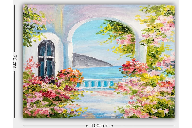 Canvastavla 70x100 cm - Vacker utsikt genom en båge med blommor i förgrunden och havet i bakgrunden - Rosa / Blå / Grön - Inredning - Tavlor & posters - Canvastavla