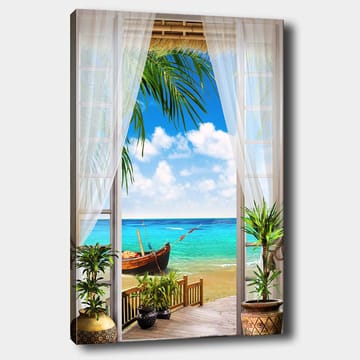 Canvastavla 70x100 cm - Vacker utsikt genom ett fönster med en strand, hav och en båt - Turkos / Blå / Grön - Inredning - Tavlor & posters - Canvastavla