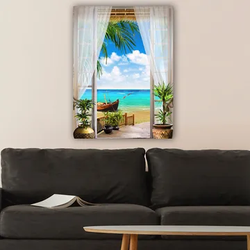 Canvastavla 70x100 cm - Vacker utsikt genom ett fönster med en strand, hav och en båt - Turkos / Blå / Grön - Inredning - Tavlor & posters - Canvastavla