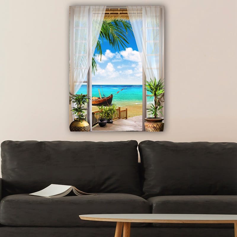 Canvastavla 70x100 cm - Vacker utsikt genom ett fönster med en strand, hav och en båt - Turkos / Blå / Grön - Inredning - Tavlor & posters - Canvastavla