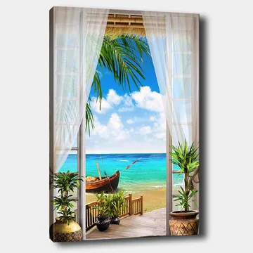 Canvastavla 70x100 cm - Vacker utsikt genom ett fönster med en strand, hav och en båt - Turkos / Blå / Grön - Inredning - Tavlor & posters - Canvastavla