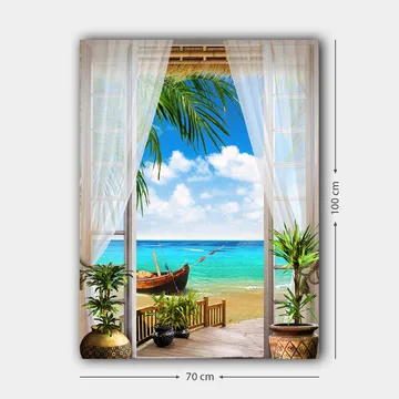 Canvastavla 70x100 cm - Vacker utsikt genom ett fönster med en strand, hav och en båt - Turkos / Blå / Grön - Inredning - Tavlor & posters - Canvastavla