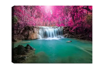 Canvastavla 70x100 cm - Vacker vattenfall omgiven av lila träd och grönskande vegetation - Lila / Turkos - Inredning - Tavlor & posters - Canvastavla