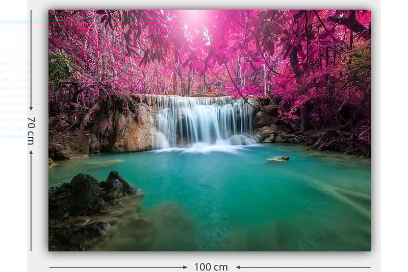 Canvastavla 70x100 cm - Vacker vattenfall omgiven av lila träd och grönskande vegetation - Lila / Turkos - Inredning - Tavlor & posters - Canvastavla