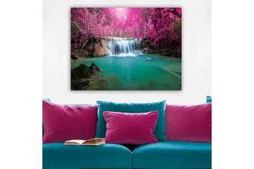 Canvastavla 70x100 cm - Vacker vattenfall omgiven av lila träd och grönskande vegetation - Lila / Turkos - Inredning - Tavlor & posters - Canvastavla