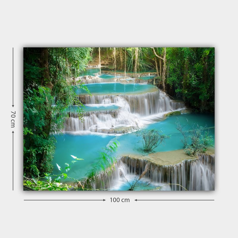 Canvastavla 70x100 cm - Vacker vattenfallscen med flera nivåer av klart, turkost vatten omgiven av grönskande vegetation - Turkos / Grön - Inredning - Tavlor & posters - Canvastavla