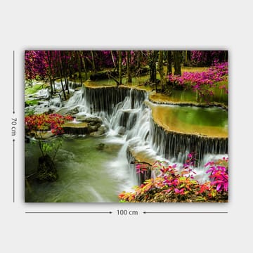 Canvastavla 70x100 cm - Vacker vattenfallsscen omgiven av färgglada blommor och grönskande träd - Grön / Rosa / Brun - Inredning - Tavlor & posters - Canvastavla