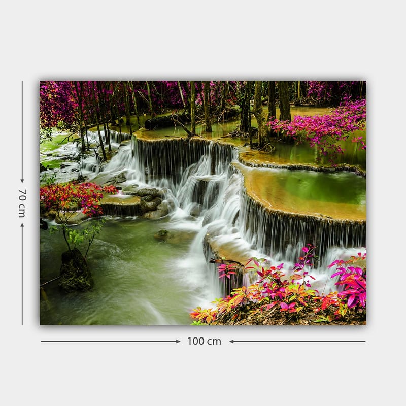 Canvastavla 70x100 cm - Vacker vattenfallsscen omgiven av färgglada blommor och grönskande träd - Grön / Rosa / Brun - Inredning - Tavlor & posters - Canvastavla