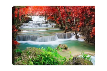 Canvastavla 70x100 cm - Vacker vattenfallsscen omgiven av färgglada höstlöv - Röd / Grön / Blå - Inredning - Tavlor & posters - Canvastavla