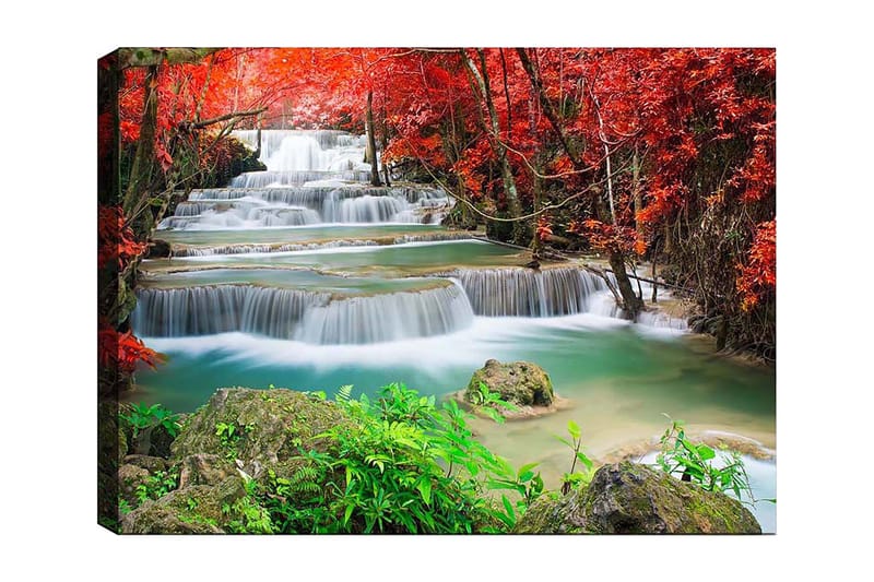 Canvastavla 70x100 cm - Vacker vattenfallsscen omgiven av färgglada höstlöv - Röd / Grön / Blå - Inredning - Tavlor & posters - Canvastavla