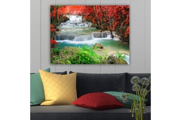 Canvastavla 70x100 cm - Vacker vattenfallsscen omgiven av färgglada höstlöv - Röd / Grön / Blå - Inredning - Tavlor & posters - Canvastavla