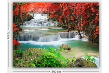 Canvastavla 70x100 cm - Vacker vattenfallsscen omgiven av färgglada höstlöv - Röd / Grön / Blå - Inredning - Tavlor & posters - Canvastavla