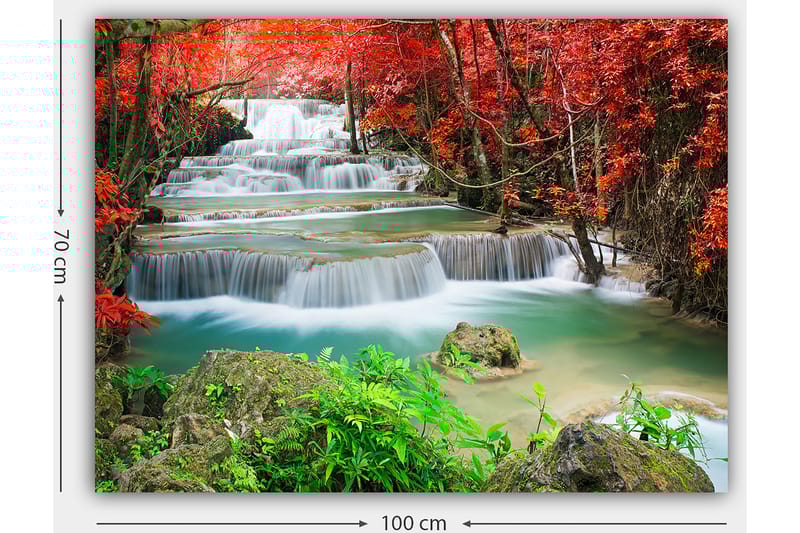 Canvastavla 70x100 cm - Vacker vattenfallsscen omgiven av färgglada höstlöv - Röd / Grön / Blå - Inredning - Tavlor & posters - Canvastavla