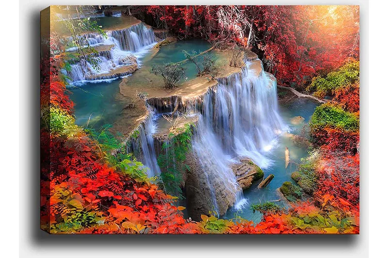 Canvastavla 70x100 cm - Vacker vattenfallsscen omgiven av färgglada höstlöv - Röd / Grön / Blå - Inredning - Tavlor & posters - Canvastavla