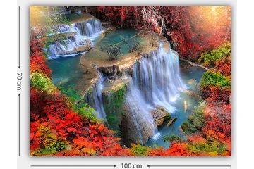 Canvastavla 70x100 cm - Vacker vattenfallsscen omgiven av färgglada höstlöv - Röd / Grön / Blå - Inredning - Tavlor & posters - Canvastavla