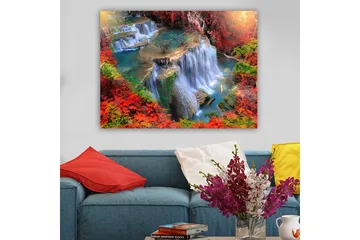 Canvastavla 70x100 cm - Vacker vattenfallsscen omgiven av färgglada höstlöv - Röd / Grön / Blå - Inredning - Tavlor & posters - Canvastavla