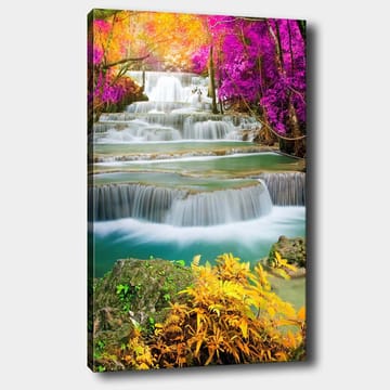 Canvastavla 70x100 cm - Vacker vattenfallsscen omgiven av färgglada träd och växter - Lila / Grön / Orange - Inredning - Tavlor & posters - Canvastavla