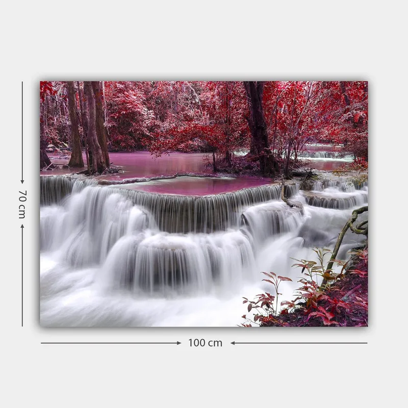 Canvastavla 70x100 cm - Vacker vattenfallsscen omgiven av färgglada träd och växtlighet - Röd / Lila / Vit - Inredning - Tavlor & posters - Canvastavla