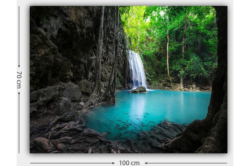 Canvastavla 70x100 cm - Vacker vattenfallsscen omgiven av frodig grönska och klart turkost vatten - Turkos / Grön / Grå - Inredning - Tavlor & posters - Canvastavla