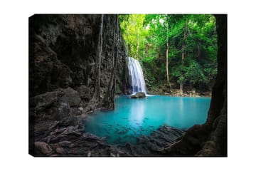 Canvastavla 70x100 cm - Vacker vattenfallsscen omgiven av frodig grönska och klart turkost vatten - Turkos / Grön / Grå - Inredning - Tavlor & posters - Canvastavla