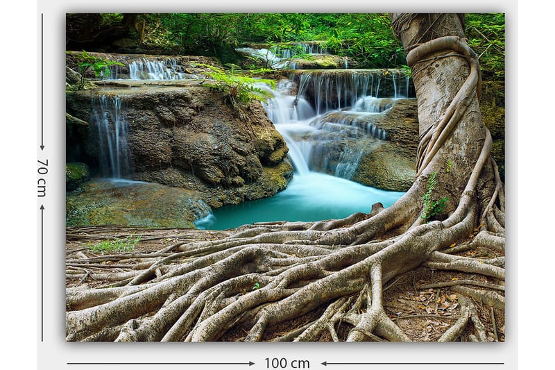 Canvastavla 70x100 cm - Vacker vattenfallsscen omgiven av frodig grönska och kraftiga trädstammar - Grön / Blå / Brun - Inredning - Tavlor & posters - Canvastavla