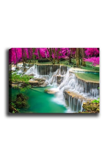 Canvastavla 70x100 cm - Vacker vattenfallsscen omgiven av frodig grönska och rosa blommor - Turkos / Rosa / Grön - Inredning - Tavlor & posters - Canvastavla