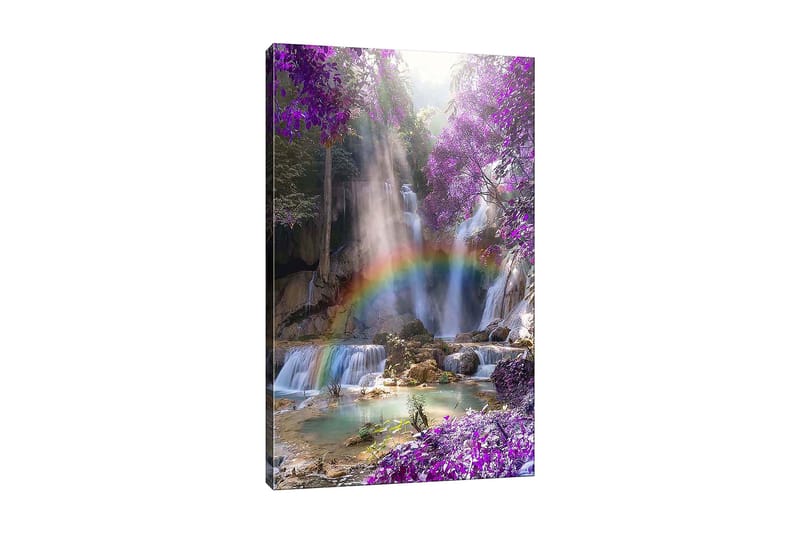Canvastavla 70x100 cm - Vacker vattenfallsscen omgiven av lila blommor och en regnbåge, Lila / Blå / Grön