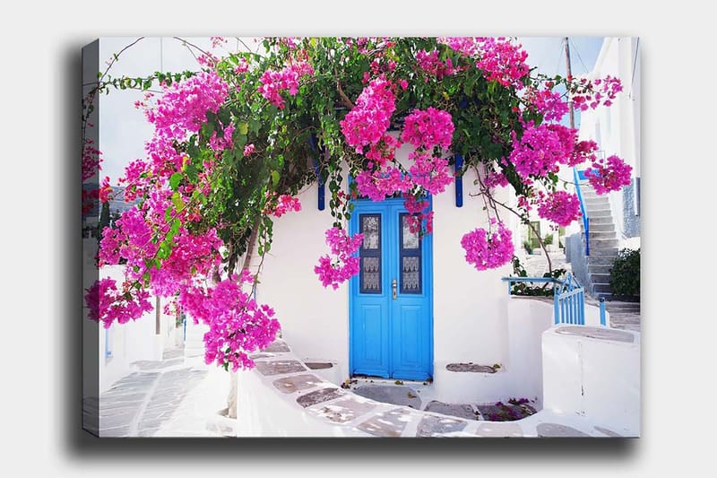 Canvastavla 70x100 cm - Vacker vit byggnad med en blå dörr omgiven av lila blommor - Lila / Blå / Grön - Inredning - Tavlor & posters - Canvastavla