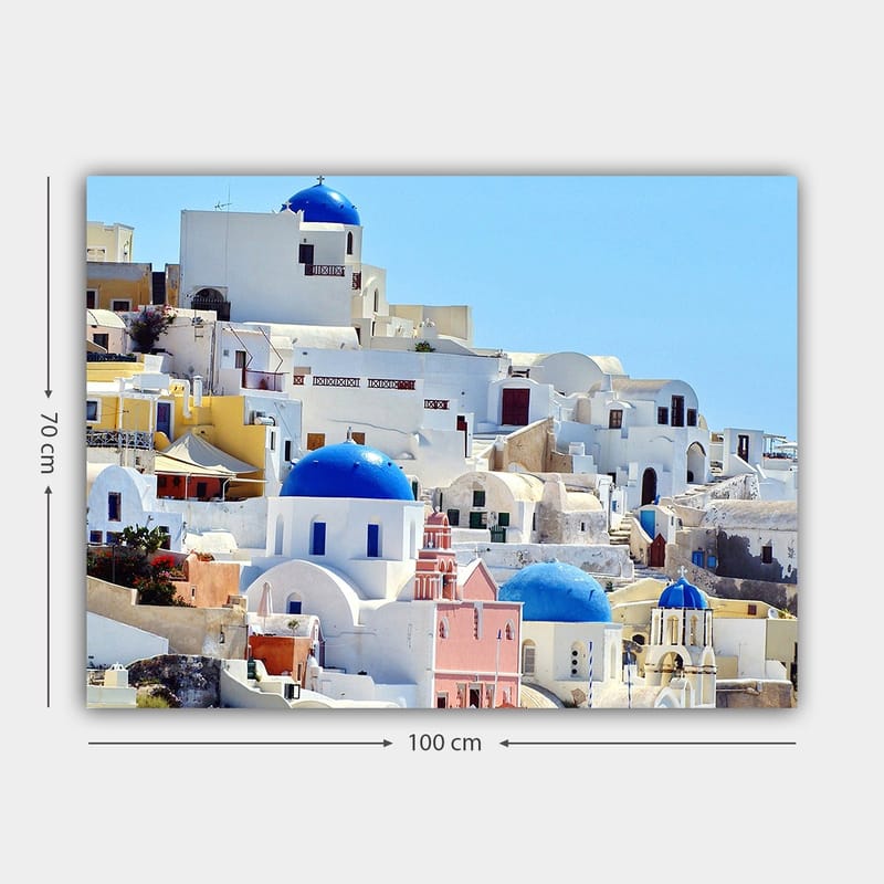 Canvastavla 70x100 cm - Vacker vy över de karakteristiska vita husen och blå kupolerna i Santorini - Blå / Vit / Rosa - Inredning - Tavlor & posters - Canvastavla