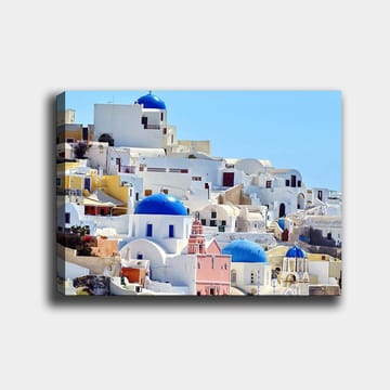 Canvastavla 70x100 cm - Vacker vy över de karakteristiska vita husen och blå kupolerna i Santorini - Blå / Vit / Rosa - Inredning - Tavlor & posters - Canvastavla
