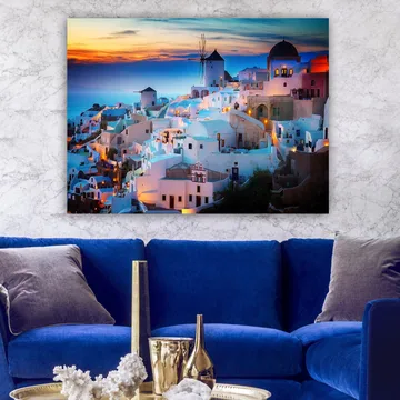 Canvastavla 70x100 cm - Vacker vy över de vita husen i en grekisk by vid solnedgången - Vit / Blå / Orange - Inredning - Tavlor & posters - Canvastavla