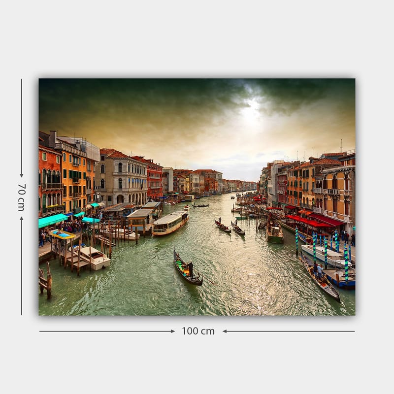 Canvastavla 70x100 cm - Vacker vy över en kanal i Venedig med gondoler och färgglada byggnader längs vattnet - Grön / Orange / Blå - Inredning - Tavlor & posters - Canvastavla