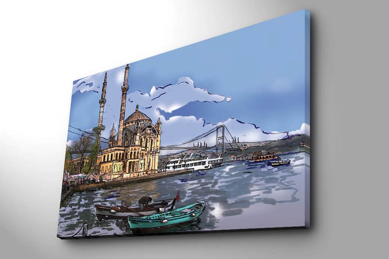 Canvastavla 70x100 cm - Vacker vy av en historisk byggnad vid vattnet med båtar i förgrunden och en bro i bakgrunden - Blå / Beige / Grön - Inredning - Tavlor & posters - Canvastavla