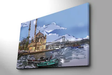 Canvastavla 70x100 cm - Vacker vy av en historisk byggnad vid vattnet med båtar i förgrunden och en bro i bakgrunden - Blå / Beige / Grön - Inredning - Tavlor & posters - Canvastavla