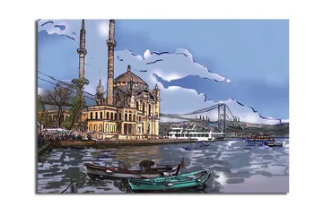 Canvastavla 70x100 cm - Vacker vy av en historisk byggnad vid vattnet med båtar i förgrunden och en bro i bakgrunden - Blå / Beige / Grön - Inredning - Tavlor & posters - Canvastavla