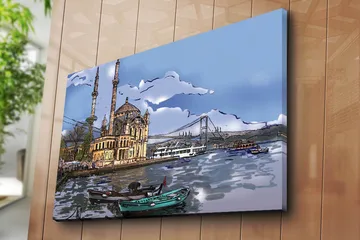 Canvastavla 70x100 cm - Vacker vy av en historisk byggnad vid vattnet med båtar i förgrunden och en bro i bakgrunden - Blå / Beige / Grön - Inredning - Tavlor & posters - Canvastavla