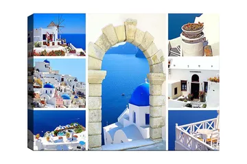 Canvastavla 70x100 cm - Vacker vy av Santorini med vita hus och blå kupoler mot havet - Blå / Vit / Beige - Inredning - Tavlor & posters - Canvastavla