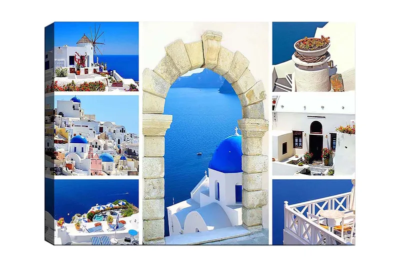Canvastavla 70x100 cm - Vacker vy av Santorini med vita hus och blå kupoler mot havet - Blå / Vit / Beige - Inredning - Tavlor & posters - Canvastavla