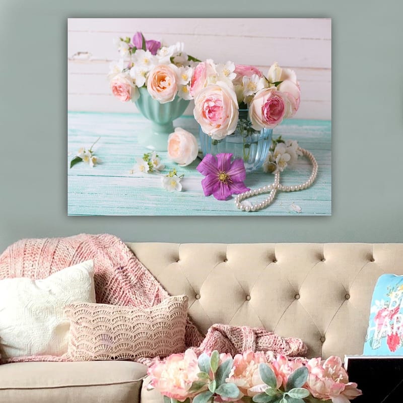 Canvastavla 70x100 cm - Vackra blommor i pastellfärgade skålar med en romantisk känsla - Ljusrosa / Mintgrön / Lila - Inredning - Tavlor & posters - Canvastavla