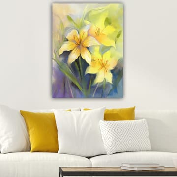 Canvastavla 70x100 cm - Vackra gula liljor i en mjuk och färgglad komposition - Gul / Grön / Lila - Inredning - Tavlor & posters - Canvastavla