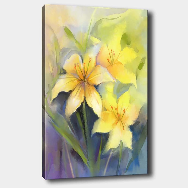 Canvastavla 70x100 cm - Vackra gula liljor i en mjuk och färgglad komposition, Gul / Grön / Lila