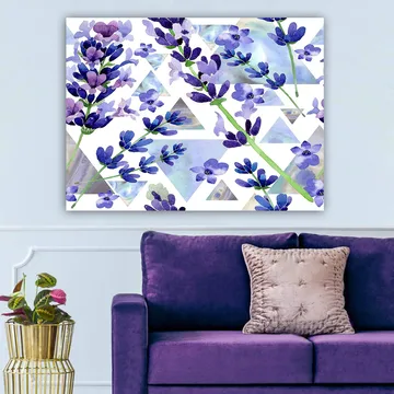 Canvastavla 70x100 cm - Vackra lavendelblommor i en modern geometrisk komposition - Lila / Grön / Blå - Inredning - Tavlor & posters - Canvastavla