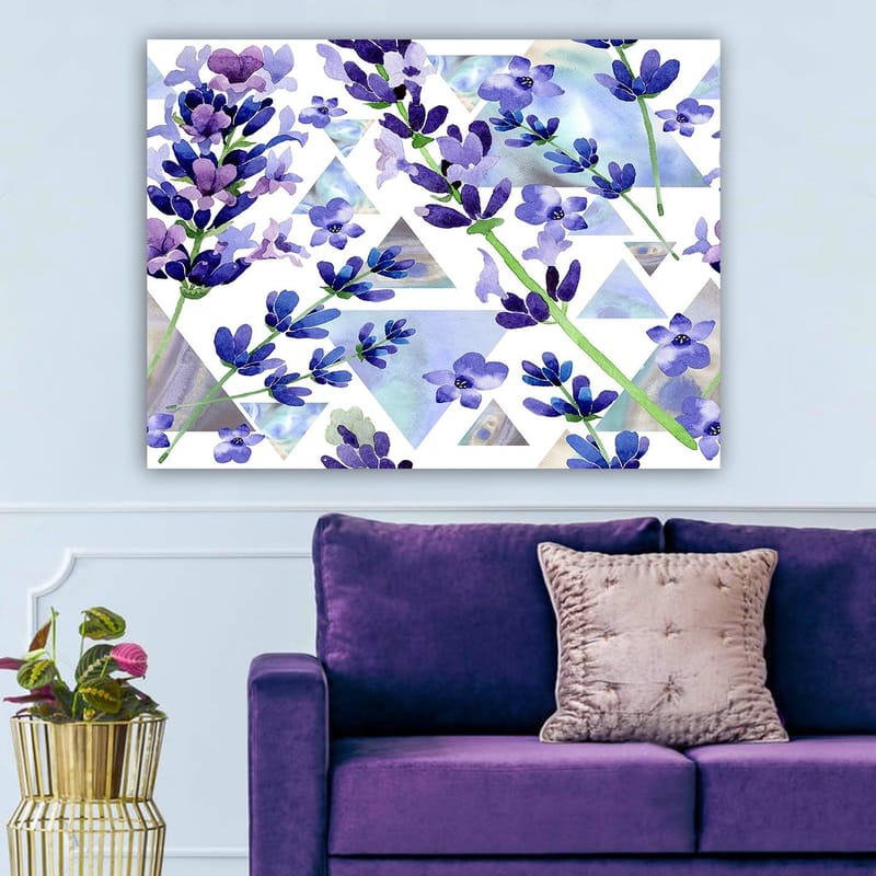 Canvastavla 70x100 cm - Vackra lavendelblommor i en modern geometrisk komposition - Lila / Grön / Blå - Inredning - Tavlor & posters - Canvastavla