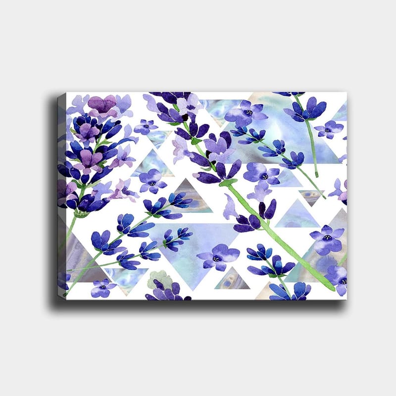 Canvastavla 70x100 cm - Vackra lavendelblommor i en modern geometrisk komposition, Lila / Grön / Blå