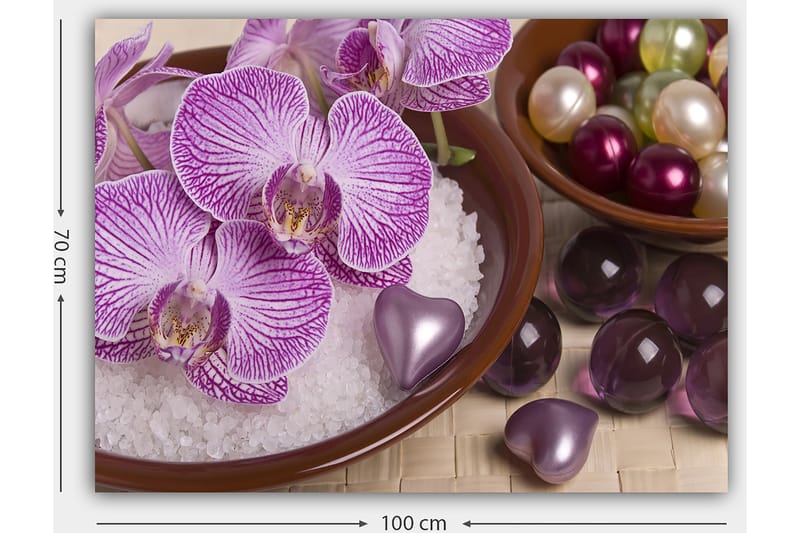 Canvastavla 70x100 cm - Vackra orkidéer i en skål med dekorationselement - Lila / Vit / Rosa - Inredning - Tavlor & posters - Canvastavla