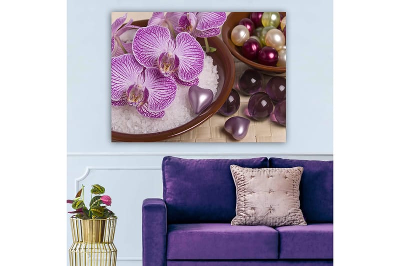Canvastavla 70x100 cm - Vackra orkidéer i en skål med dekorationselement - Lila / Vit / Rosa - Inredning - Tavlor & posters - Canvastavla