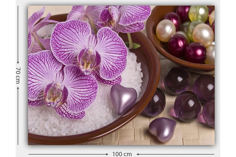 Canvastavla 70x100 cm - Vackra orkidéer i en skål med dekorationselement - Lila / Vit / Rosa - Inredning - Tavlor & posters - Canvastavla