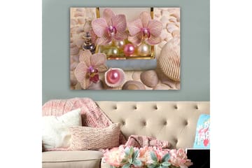 Canvastavla 70x100 cm - Vackra orkidéer och pärlor i en elegant ask - Ljusrosa / Grön / Pärlemorvit - Inredning - Tavlor & posters - Canvastavla